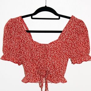 Floral Tie Front Puff Sleeve Crop Top